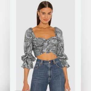 CINQ A SEPT Revolve Alisha Smocked Back Crop Top Blue and Black Tones Size S